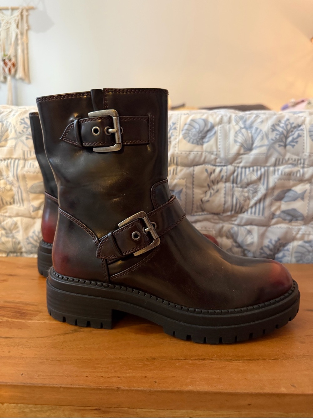 Arizona Jean Co Tilpa Motorcyle Boots Womens 7 Oxblood Buckled Faux Leather NEW